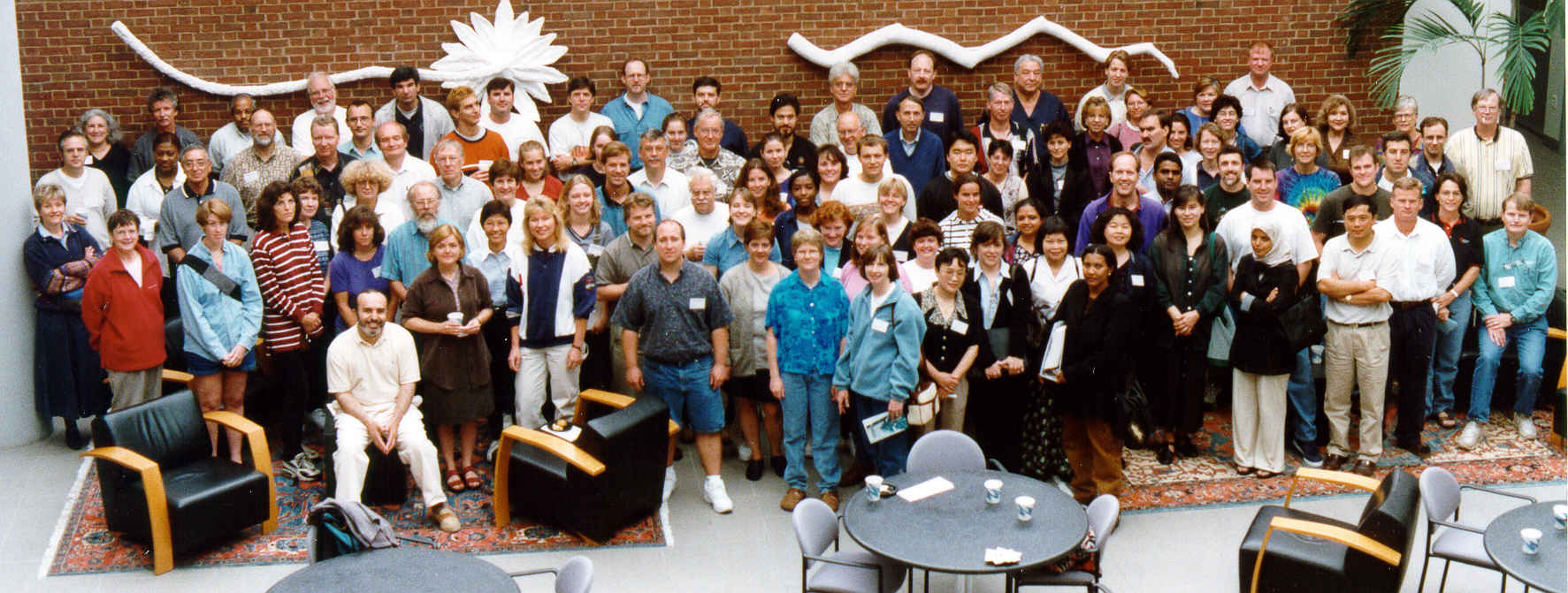 Class of 2000 group photo in the Bowdoin atrium
